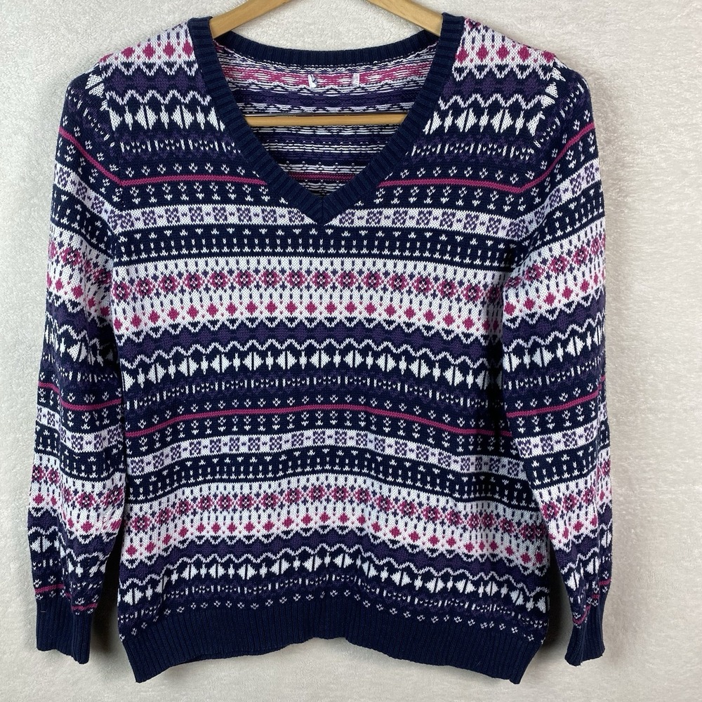 Vtg Purple/Pink Striped Granny Sweater V-Neck Size XL Cottagecore Holiday‎
